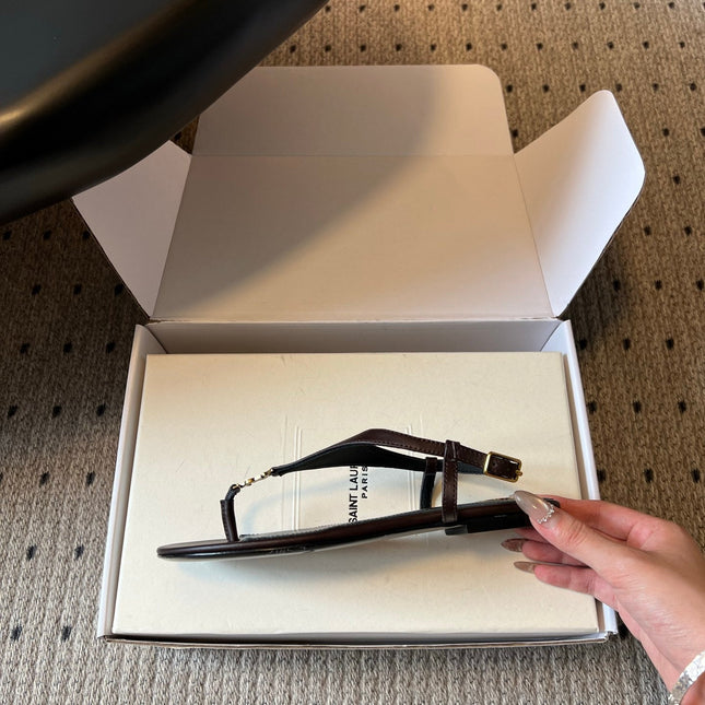 YSL 26S WIDE-STRAP THONG SANDALS IN CHOCOLATE BROWN CALFSKIN