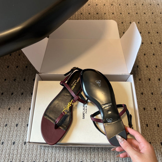 YSL 26S THONG SANDALS IN DARK RED CALFSKIN WITH GOLD HARDWARE