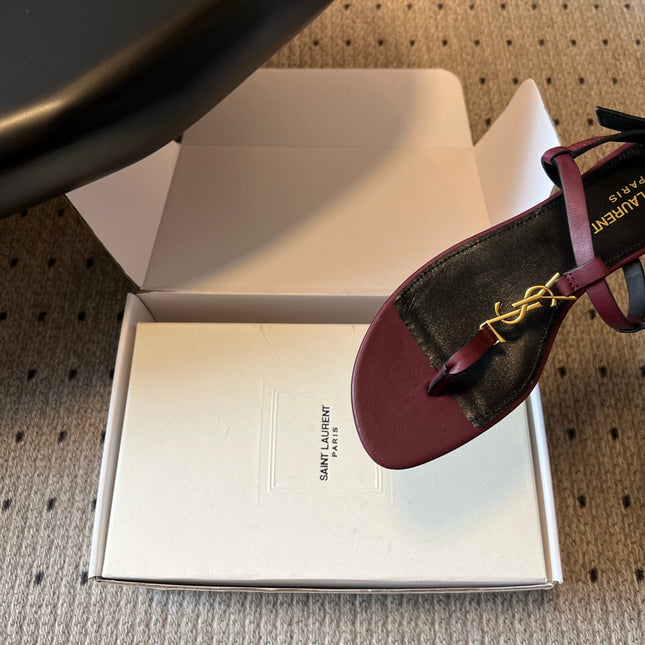 YSL 26S THONG SANDALS IN DARK RED CALFSKIN WITH GOLD HARDWARE