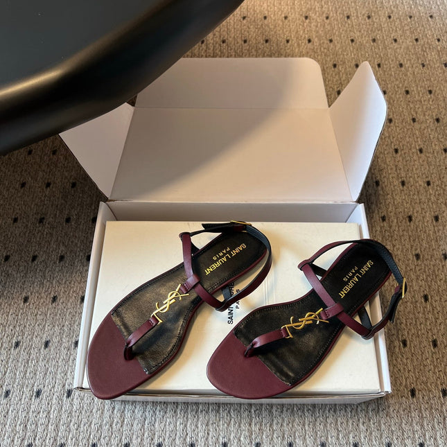 YSL 26S THONG SANDALS IN DARK RED CALFSKIN WITH GOLD HARDWARE