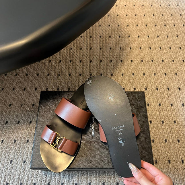 YSL 26S DOUBLE-STRAP SANDALS IN BROWN CALFSKIN