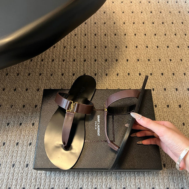 YSL 26S THONG SANDALS IN ESPRESSO BROWN AND BLACK SHINY CALFSKIN