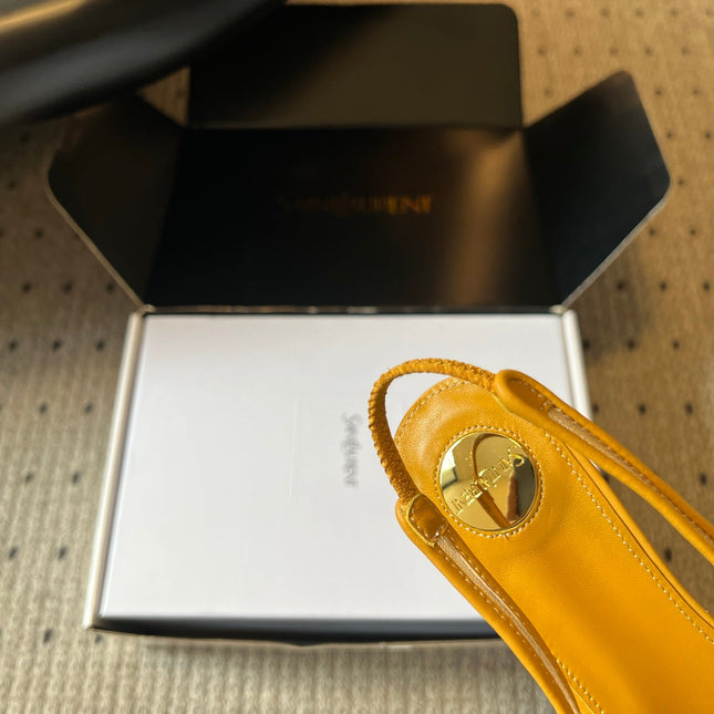 YSL 26S HEELED SLINGBACKS 60 MM IN MUSTARD YELLOW LAMBSKIN AND BEIGE MESH