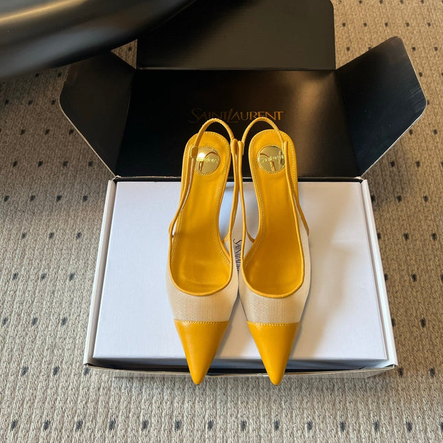 YSL 26S HEELED SLINGBACKS 60 MM IN MUSTARD YELLOW LAMBSKIN AND BEIGE MESH