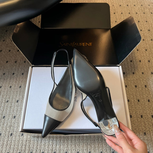 YSL 26S HEELED SLINGBACKS 60 MM IN BLACK LAMBSKIN AND BEIGE MESH