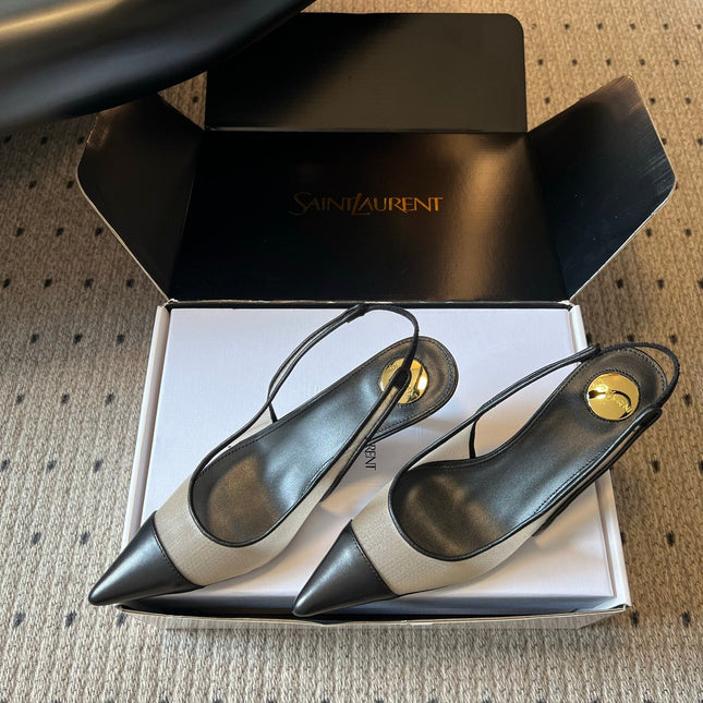 YSL 26S HEELED SLINGBACKS 60 MM IN BLACK LAMBSKIN AND BEIGE MESH