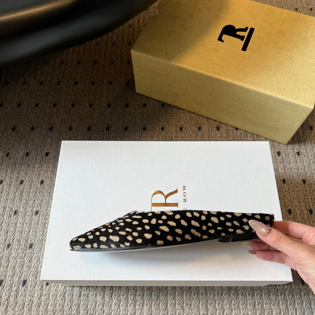 THE ROW 26S SQUARE TOE BACKLESS SLIDES IN BLACK SPOTTED CALF HAIR