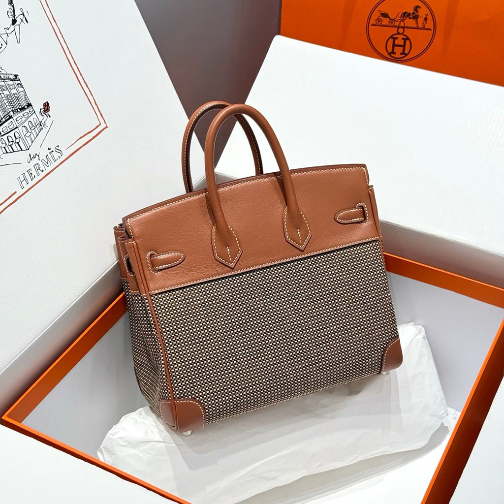 QUADRILLE BIRKIN 25CM IN GOLD SWIFT CALFSKIN AND BLACK/WHITE/BROWN TOILE CANVAS