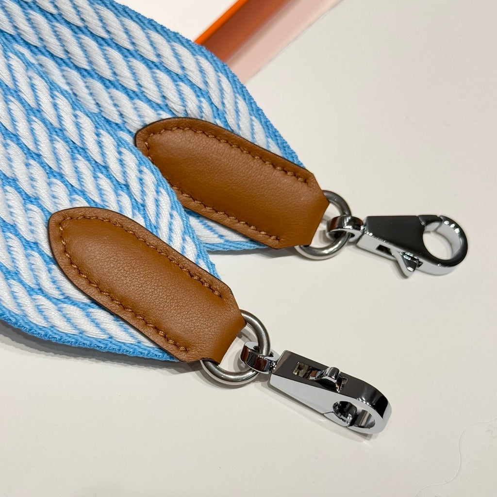 25S HERMES SANGLE ALLEGRO BAG STRAP BLUE 85 IN CANVAS SILVER HARDWARE