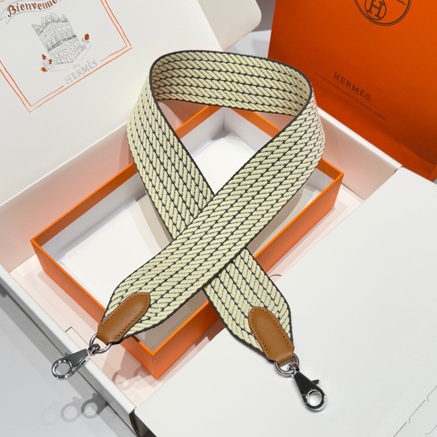 25S HERMES BAG STRAP LIGHT YELLOW 85 IN CANVAS SILVER HARDWARE