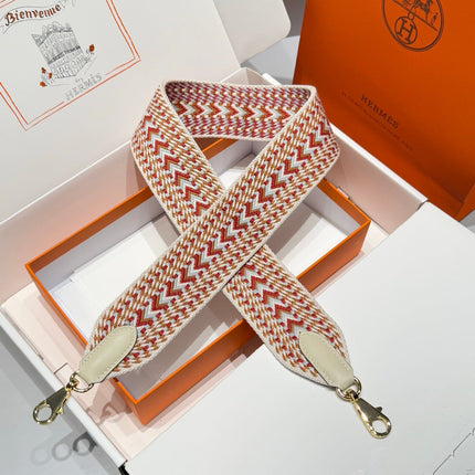 25S HERMES BAG STRAP ORANGE AND RED PATTERN 85 IN CANVAS GOLD HARDWARE