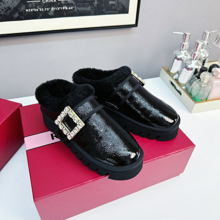 VIV WINTER PLATFORM MULES IN BLACK PATENT CALFSKIN