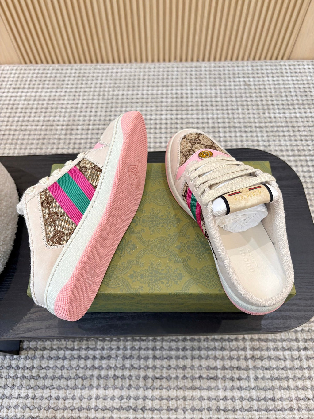 GUCCI 26S BACKLESS SNEAKERS IN BROWN CANVAS AND BEIGE LEATHER