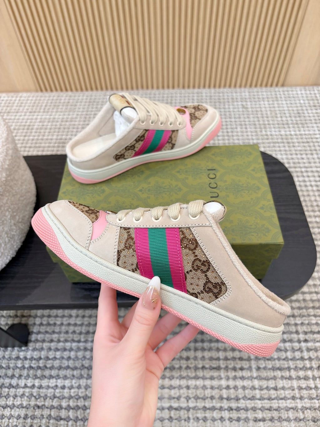 GUCCI 26S BACKLESS SNEAKERS IN BROWN CANVAS AND BEIGE LEATHER