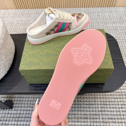GUCCI 26S BACKLESS SNEAKERS IN BROWN CANVAS AND BEIGE LEATHER