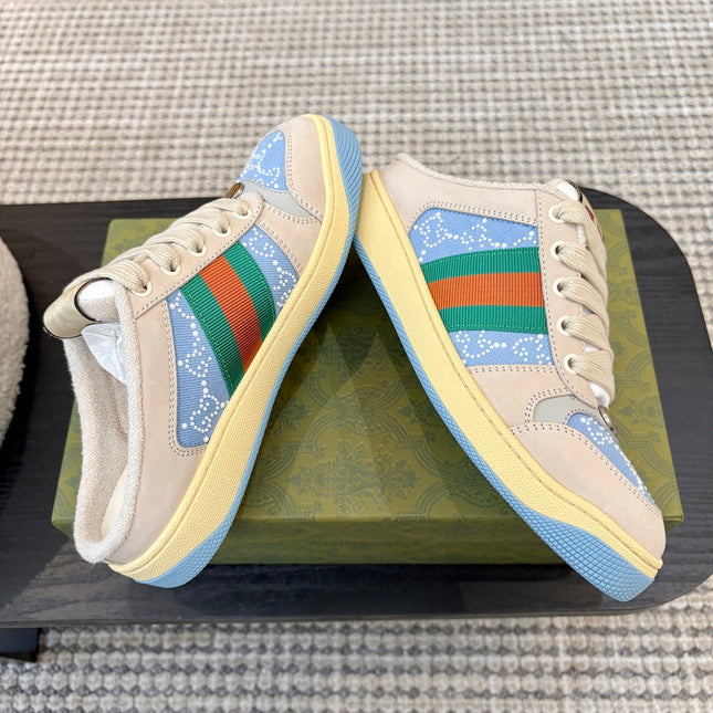 GUCCI 26S BACKLESS SNEAKERS IN BLUE CANVAS AND BEIGE LEATHER