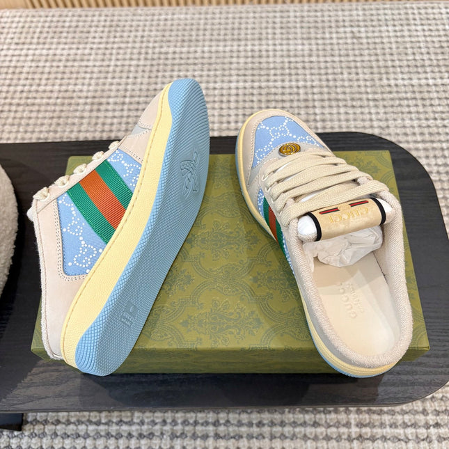 GUCCI 26S BACKLESS SNEAKERS IN BLUE CANVAS AND BEIGE LEATHER