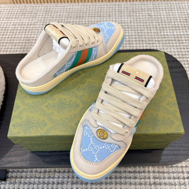 GUCCI 26S BACKLESS SNEAKERS IN BLUE CANVAS AND BEIGE LEATHER