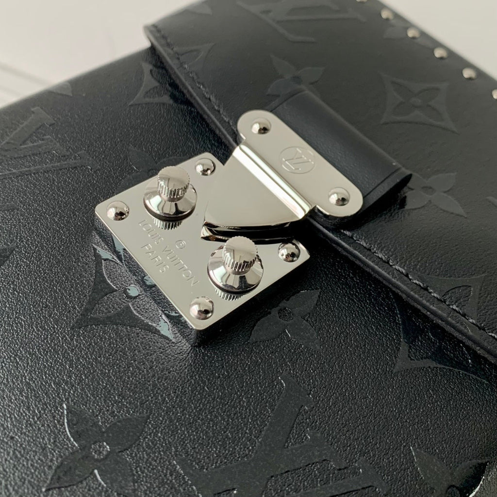 CAMERA BOX BAG 17 IN BLACK MONOGRAM EMBOSSED CALFSKIN SILVER CHAIN