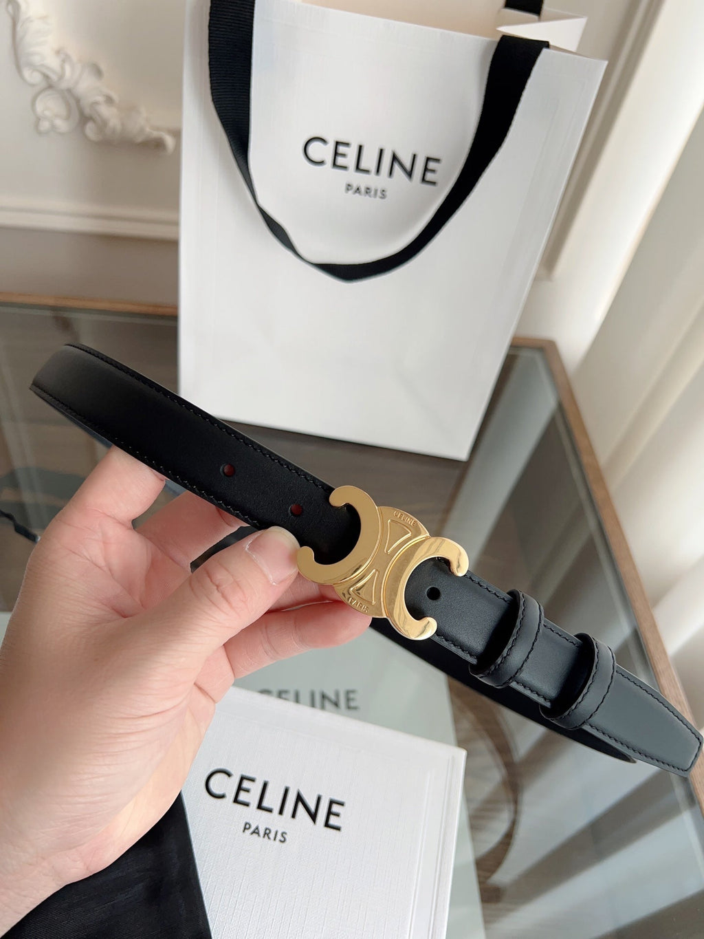 TRIOMPHE BELT 24MM IN BLACK CALFSKIN WITH GOLD BUCKLE