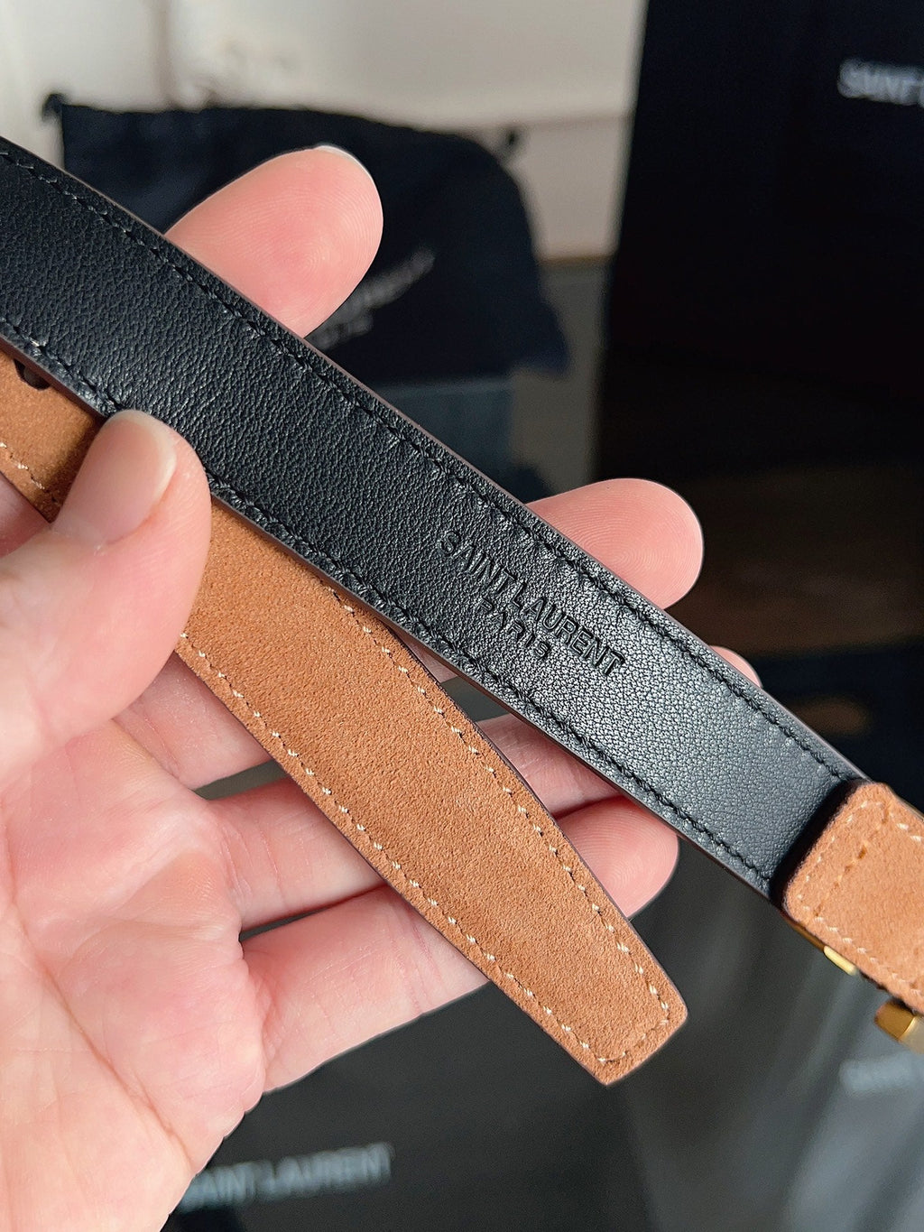 YSL 25S BELT 20 MM IN CARAMEL BROWN SUEDE 616310