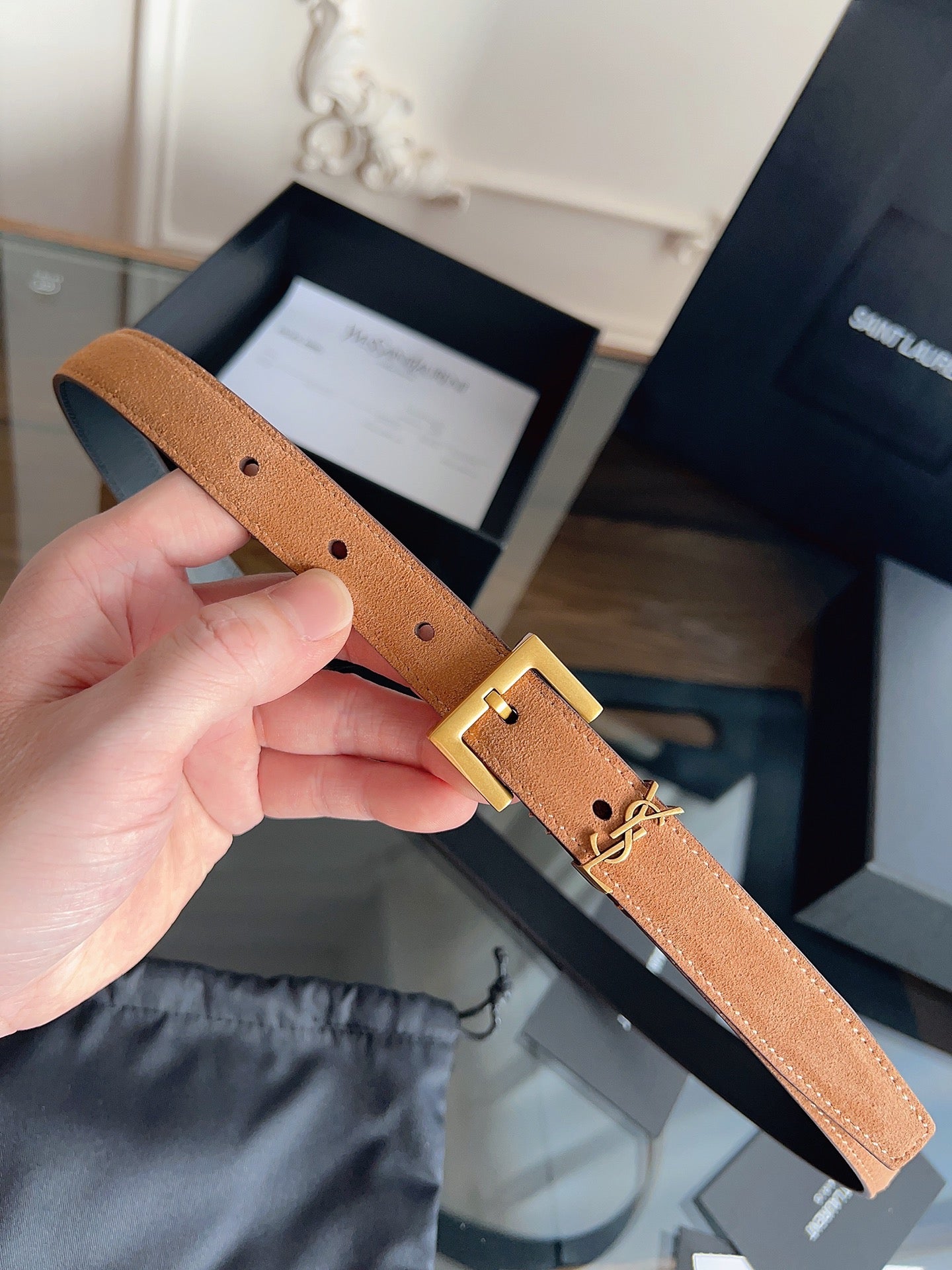 YSL 25S BELT 20 MM IN CARAMEL BROWN SUEDE 616310