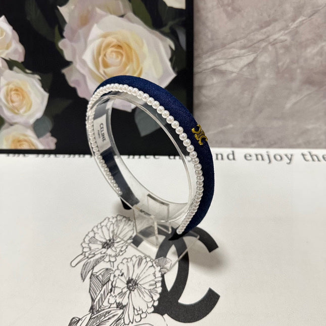 NAVY BLUE DENIM FABRIC HAIRBAND WITH PEARL CHAIN 400483