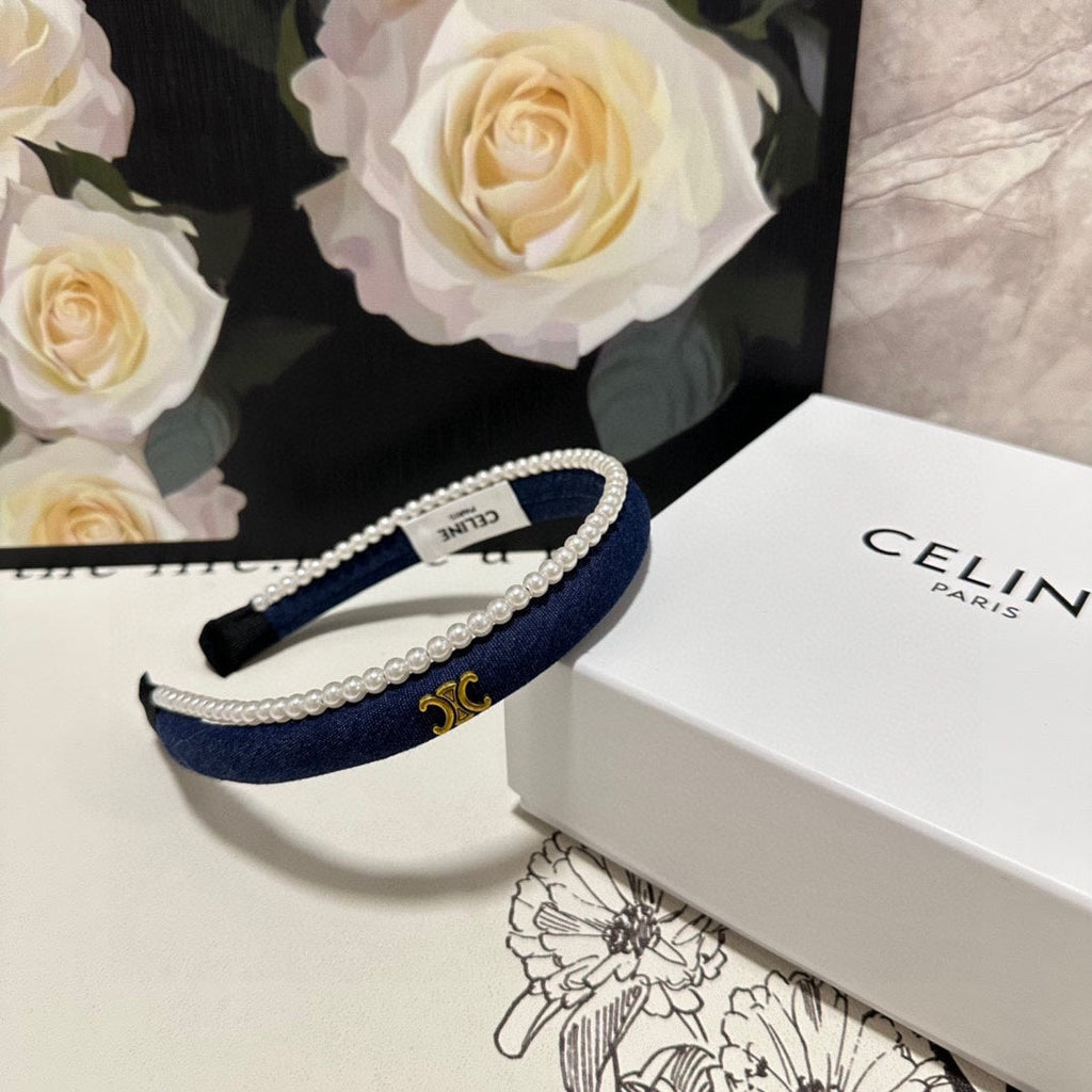 NAVY BLUE DENIM FABRIC HAIRBAND WITH PEARL CHAIN 400483