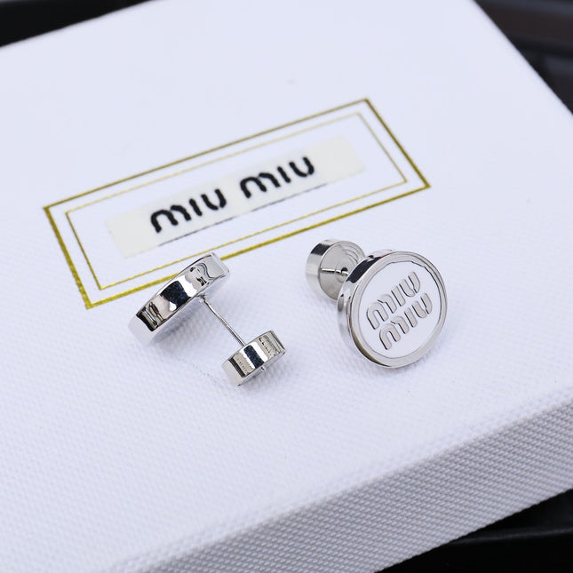 MIUMIU 26S ROUND LOGO STUD EARRINGS IN WHITE ENAMEL AND SILVER TONE METAL 625609