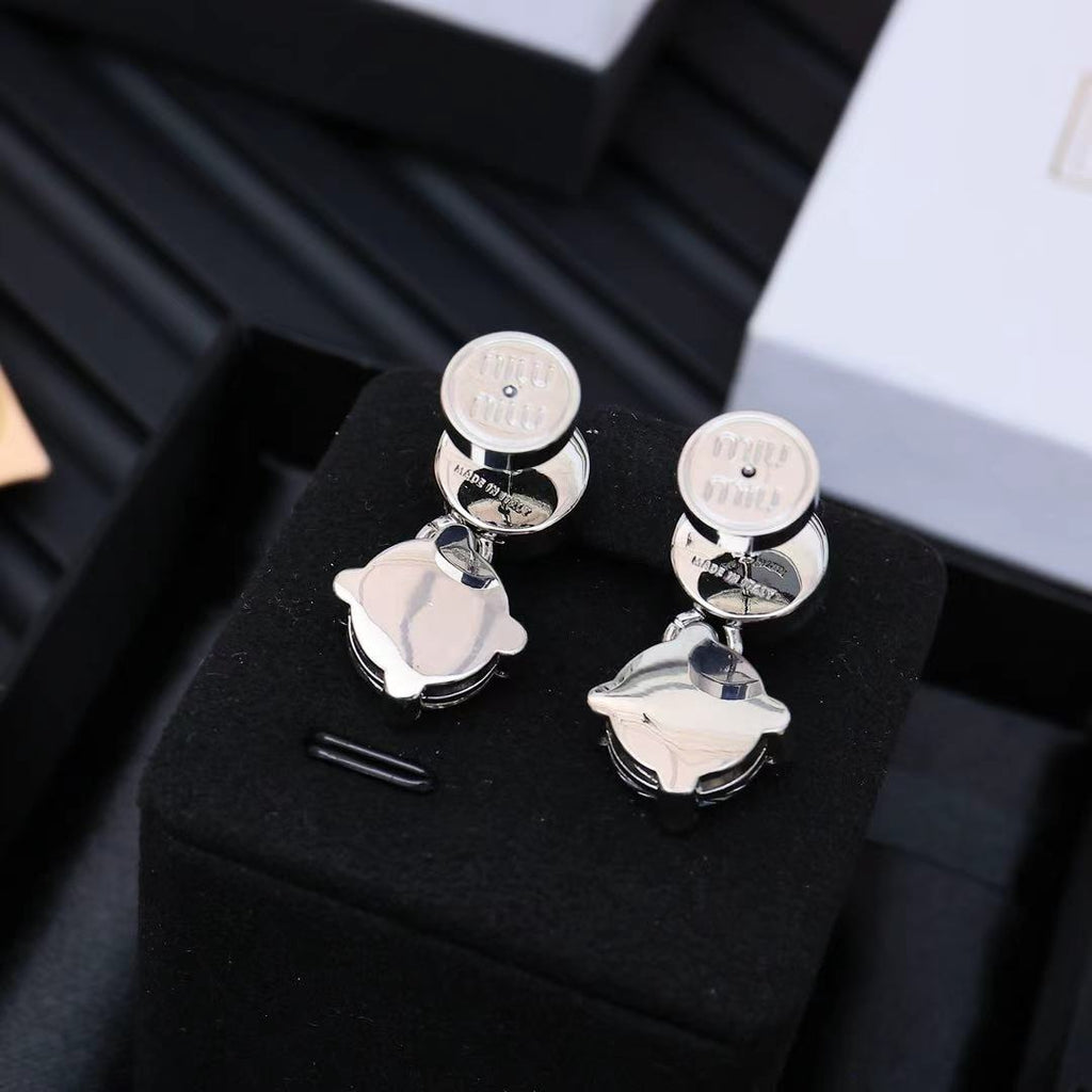 MIUMIU 26S CRYSTAL DROP LOGO STUD EARRINGS IN SILVER TONE METAL 626892