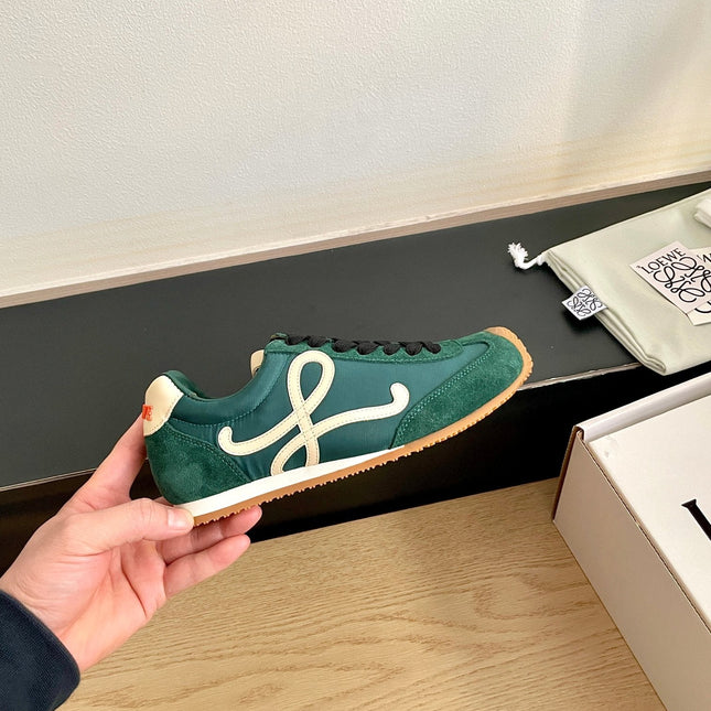 LOEWE 26S BALLET RUNNER 2.0 IN DARK GREEN SUEDE AND NYLON