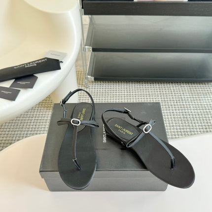 SL Silk Bow T-Strap Flat Sandals Black Leather