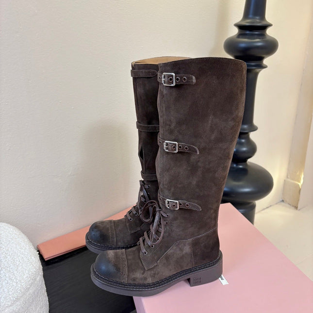 MIUMIU 25S ARMY BOOTS IN DARK BROWN SUEDE