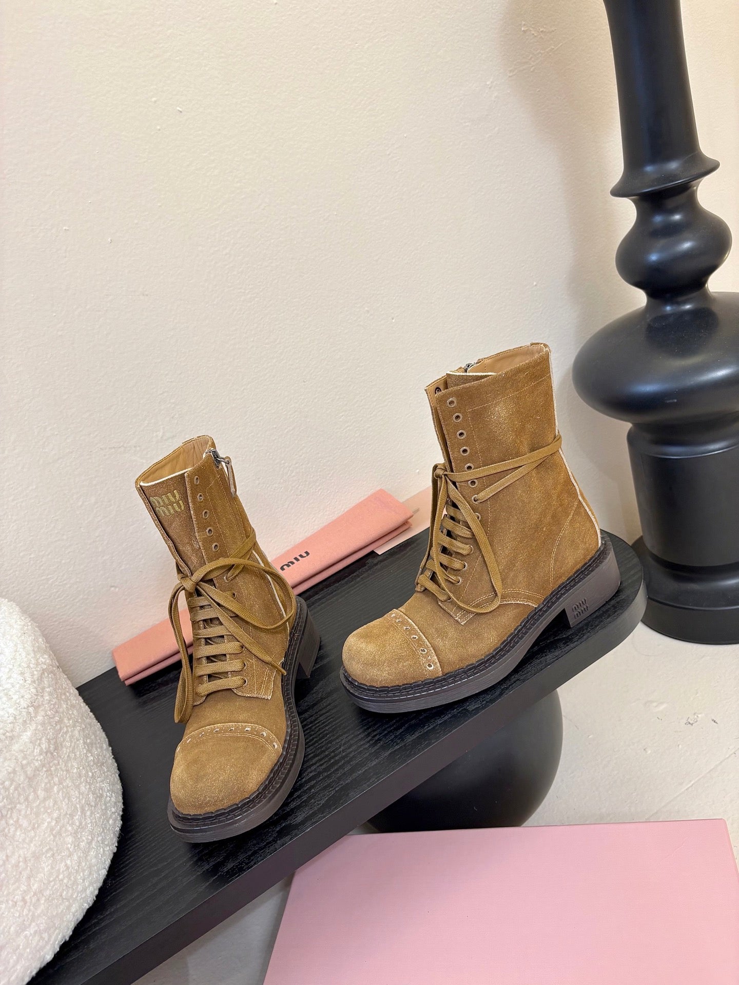 MIUMIU 25S LACED BOOTIES IN CINNAMON BROWN SUEDE
