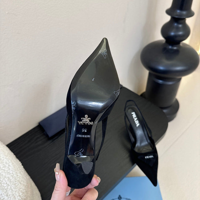 PRADA 26S POINTED TOE SLINGBACK HEELS 60MM IN BLACK SUDE WITH LOGO