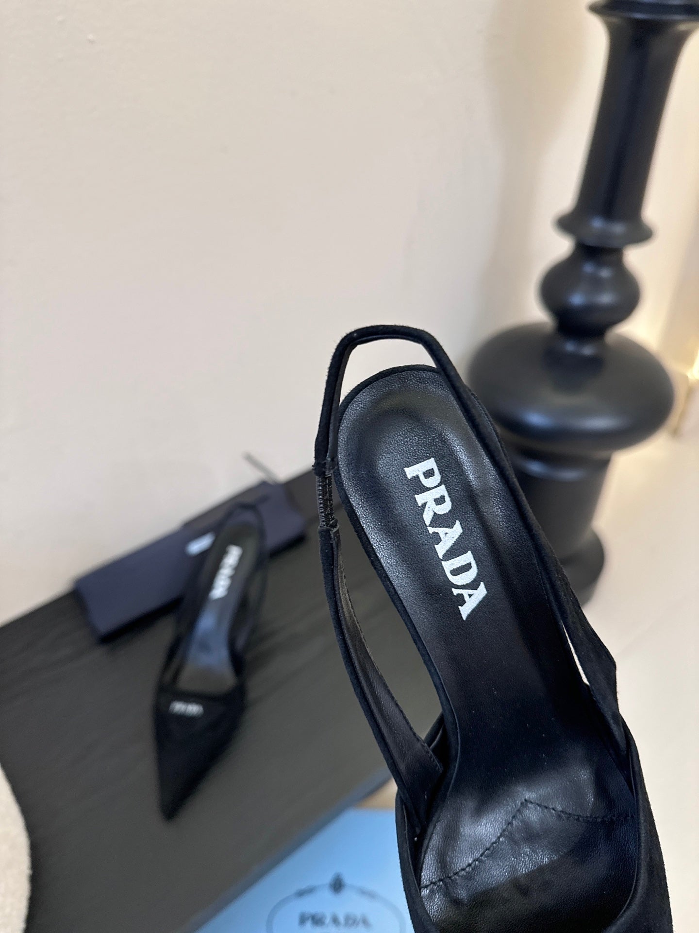 PRADA 26S POINTED TOE SLINGBACK HEELS 60MM IN BLACK SUDE WITH LOGO