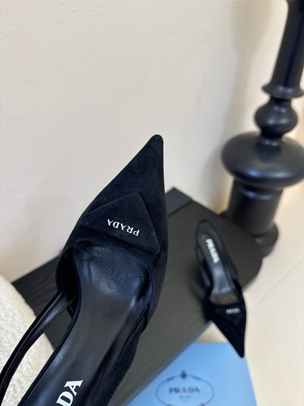 PRADA 26S POINTED TOE SLINGBACK HEELS 60MM IN BLACK SUDE WITH LOGO