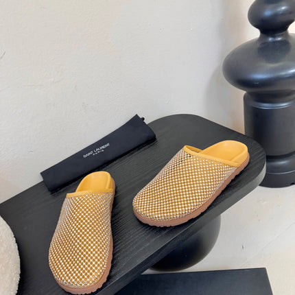 YSL 26S MESH MULES IN BEIGE YELLOW CALFSKIN AND WITH RHINESTONES