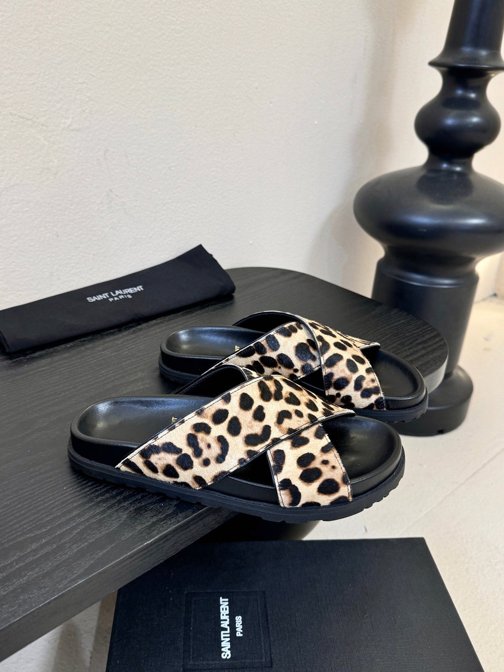YSL 26S CROSS-STRAP SANDALS IN LEOPARD PRINT CALFSKIN HAIR