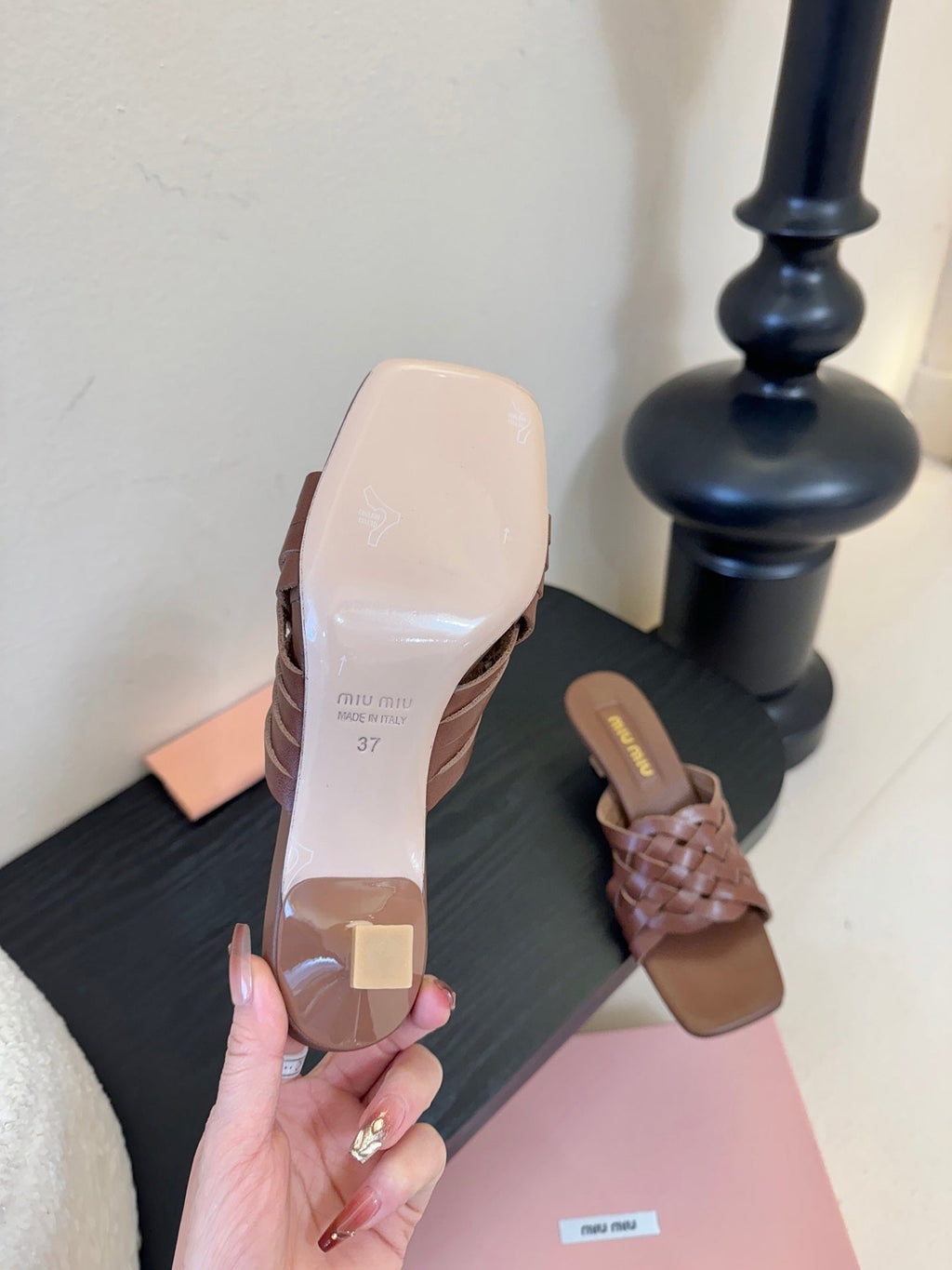 MIUMIU 26S IVETTE WOVEN HEELED SANDALS 40MM IN BROWN CALFSKIN