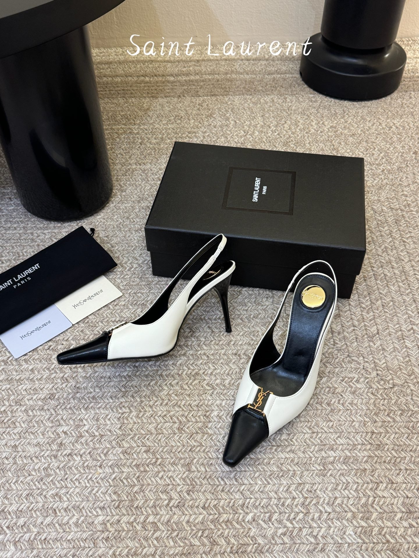 YSL BABYLONE SLINGBACK PUMPS IN WHITE MIX BLACK CALFSKIN