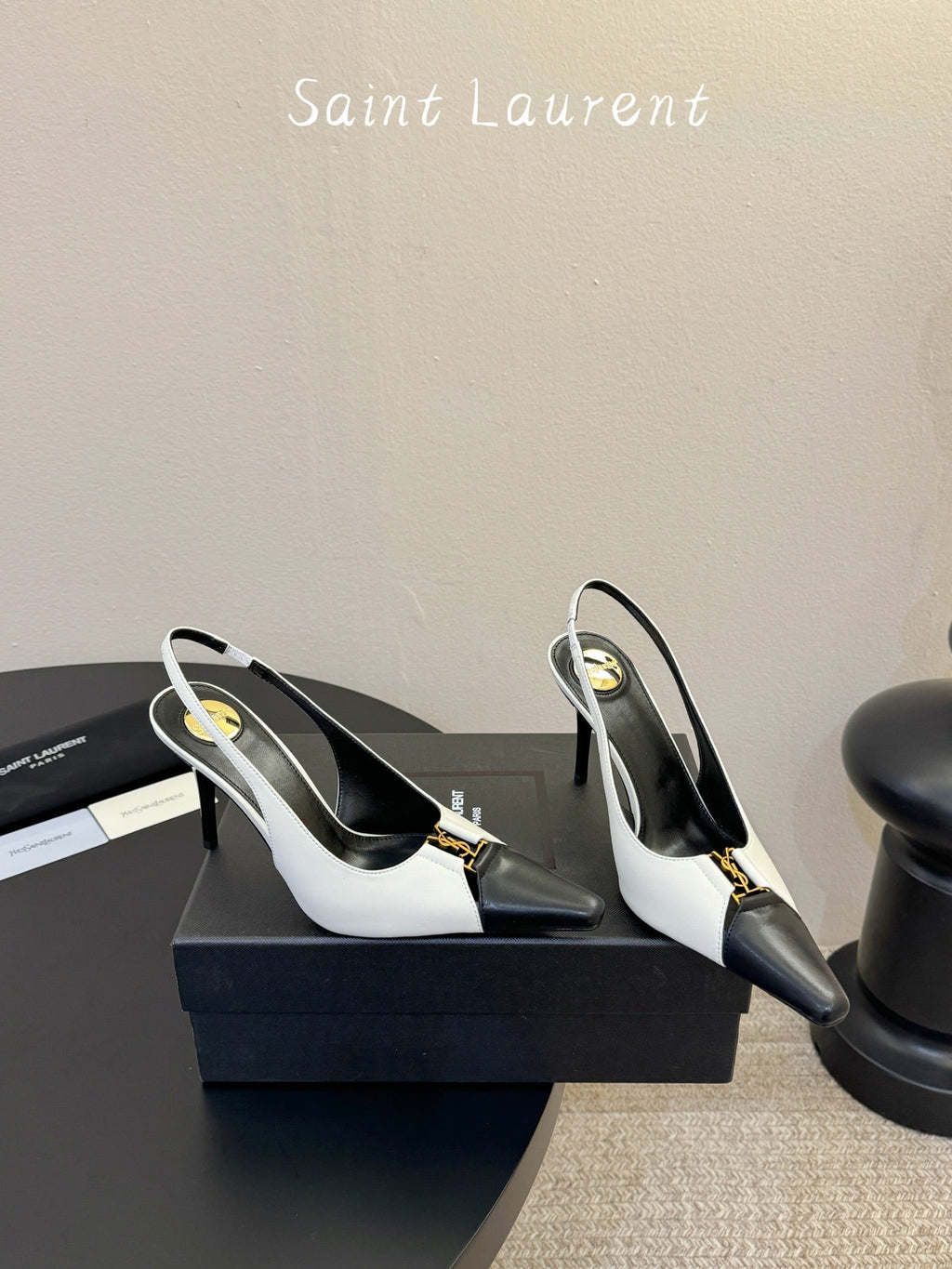 YSL BABYLONE SLINGBACK PUMPS IN WHITE MIX BLACK CALFSKIN