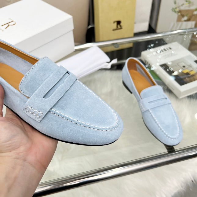 THE ROW 26S PENNY LOAFERS IN LIGHT BLUE SUEDE