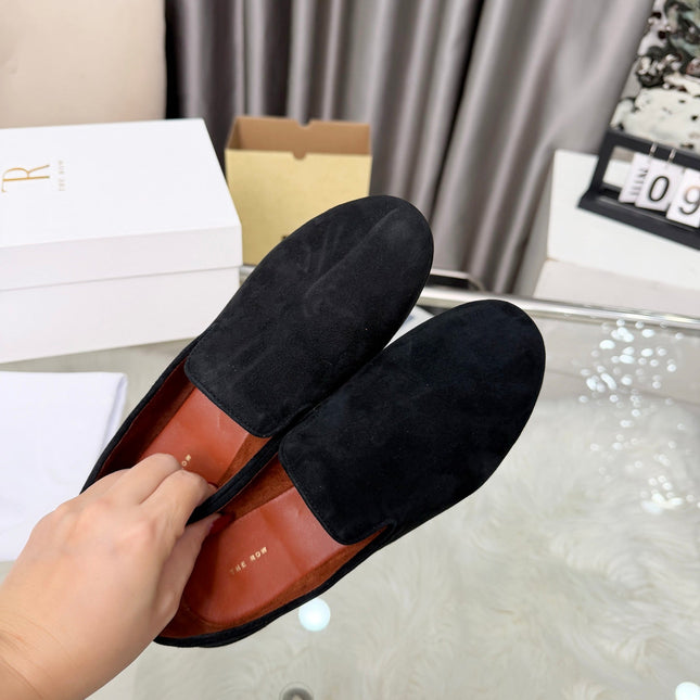 THE ROW 26S CLASSIC LOAFER FLATS IN BLACK SUEDE