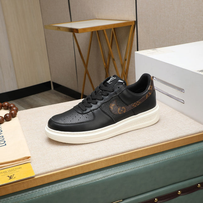 LV AIR FORCE 1 GLOSSY BLACK CALFSKIN WITH BROWN MONOGRAM LOGO