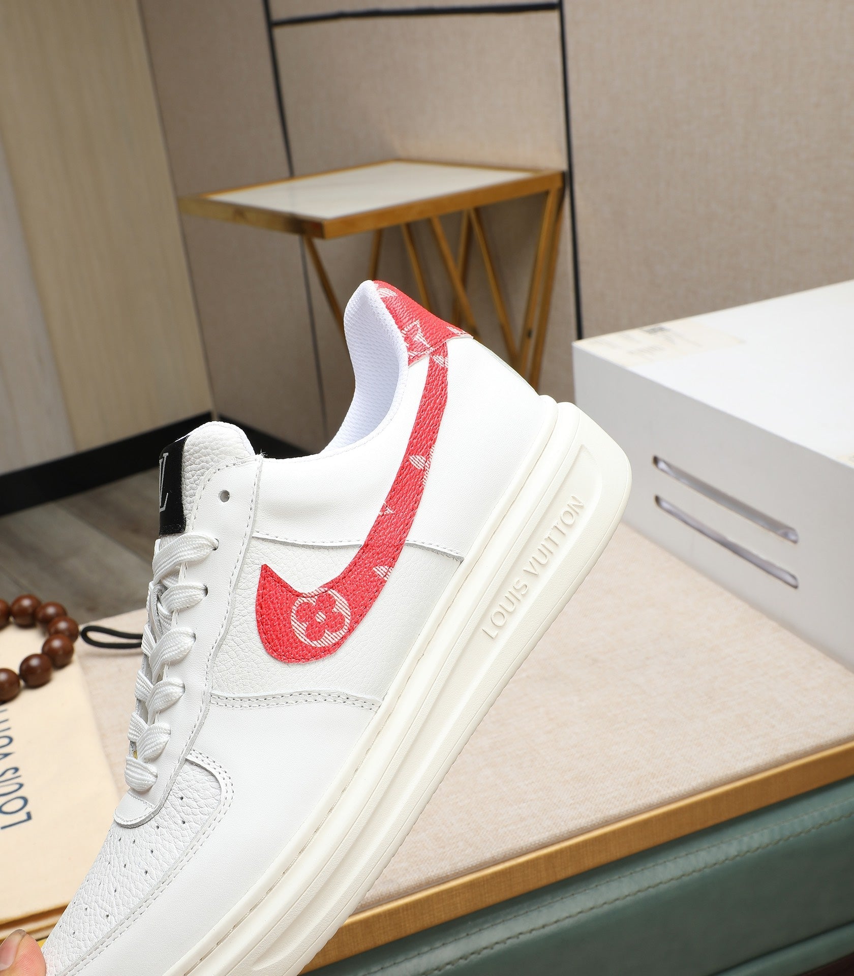 LV AIR FORCE 1 GLOSSY WHITE CALFSKIN WITH RED MONOGRAM LOGO