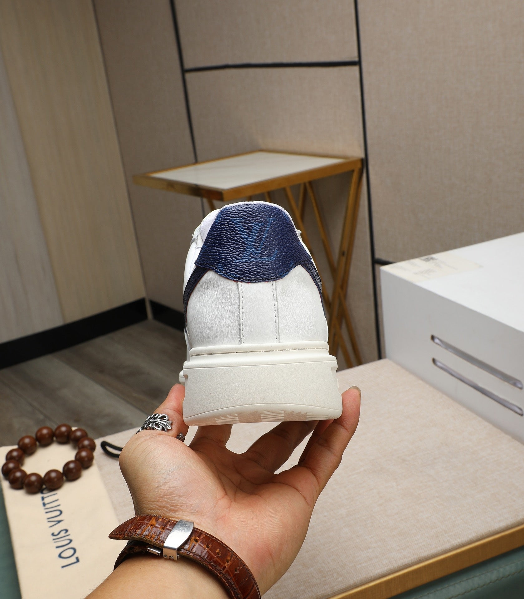 LV AIR FORCE 1 GLOSSY WHITE CALFSKIN WITH BLUE MONOGRAM LOGO