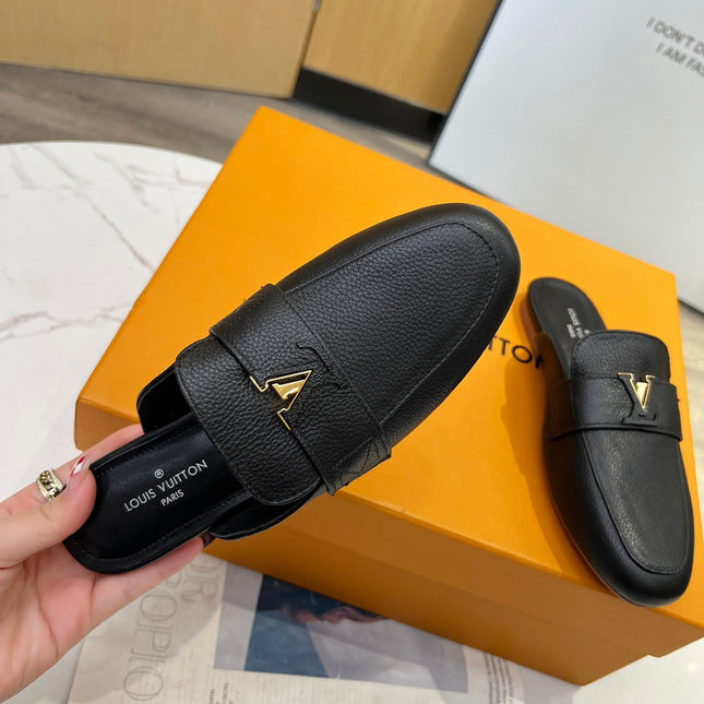 LV 26S MARE OPEN-BACK LOAFERS IN BLACK GRAINED CALFSKIN