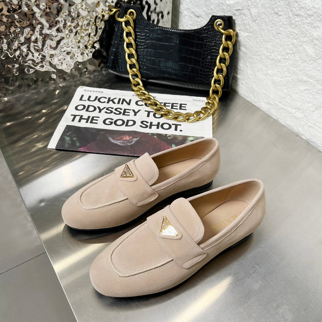 PRADA 26S CLASSIC LOAFERS IN NUDE BEIGE LOGO SUEDE