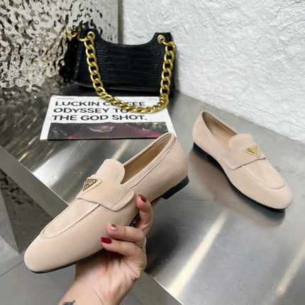 PRADA 26S CLASSIC LOAFERS IN NUDE BEIGE LOGO SUEDE